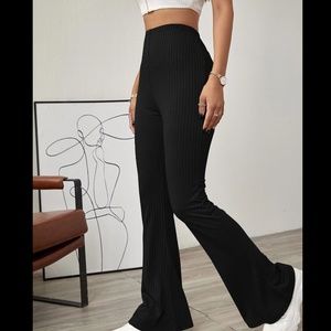 Solid Ribbed Flared Leg Pants